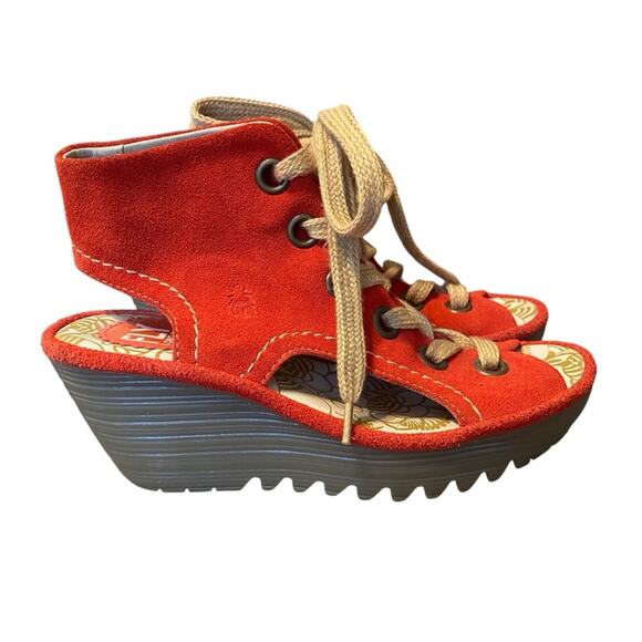 Fly London Yaba Tomato Red Suede Ankle Lace Up Wedges size 36 US 6 - Picture 1 of 9
